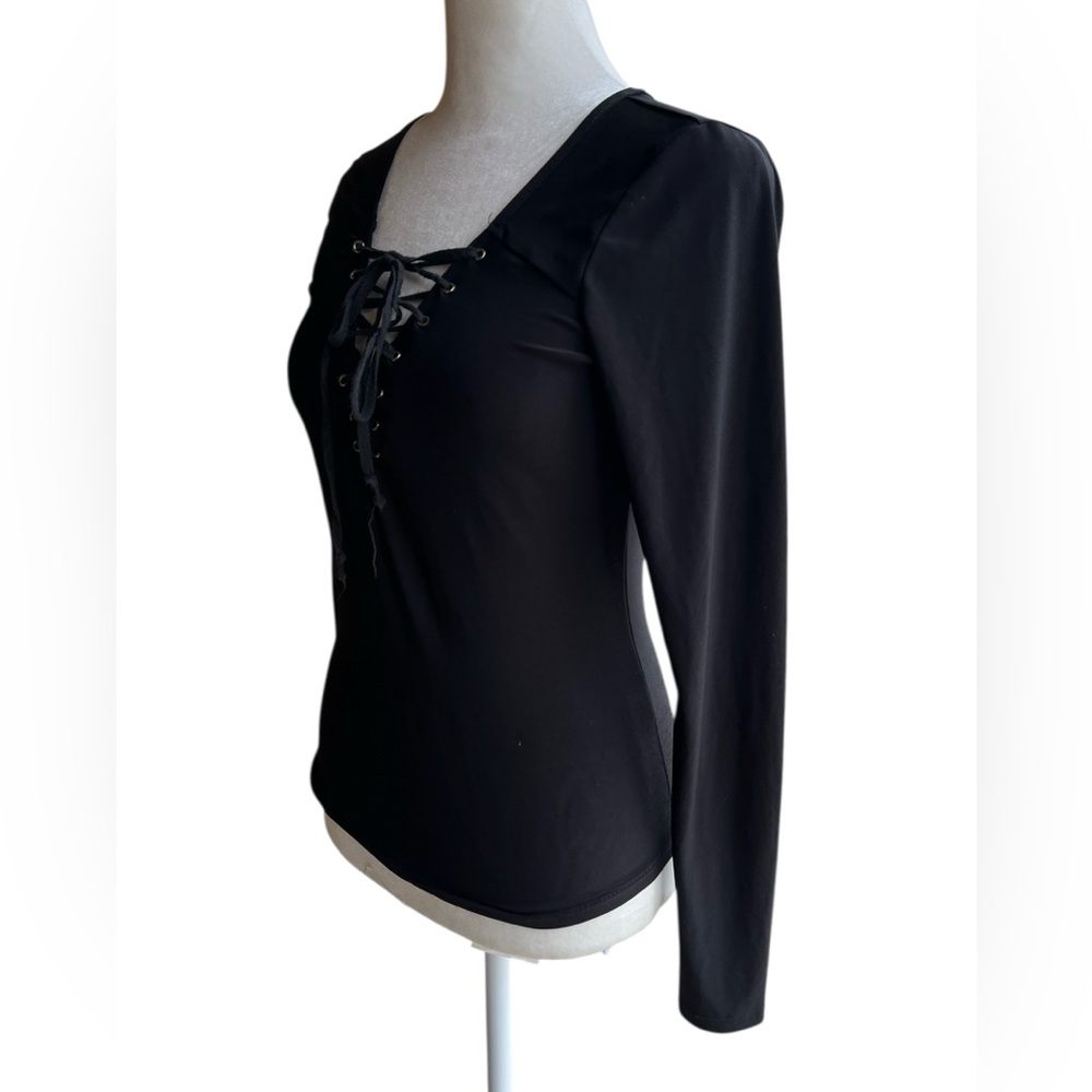 VTG CONTEMPO CASUALS Y2K Lace Up Long Sleeved Black 2000s Top Whimsigoth Stretch - Picture 4 of 10
